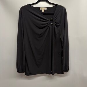 Michael Kors Black Gold Ring Drip Neck Top Blouse 1X Party Quiet Luxury Elegant